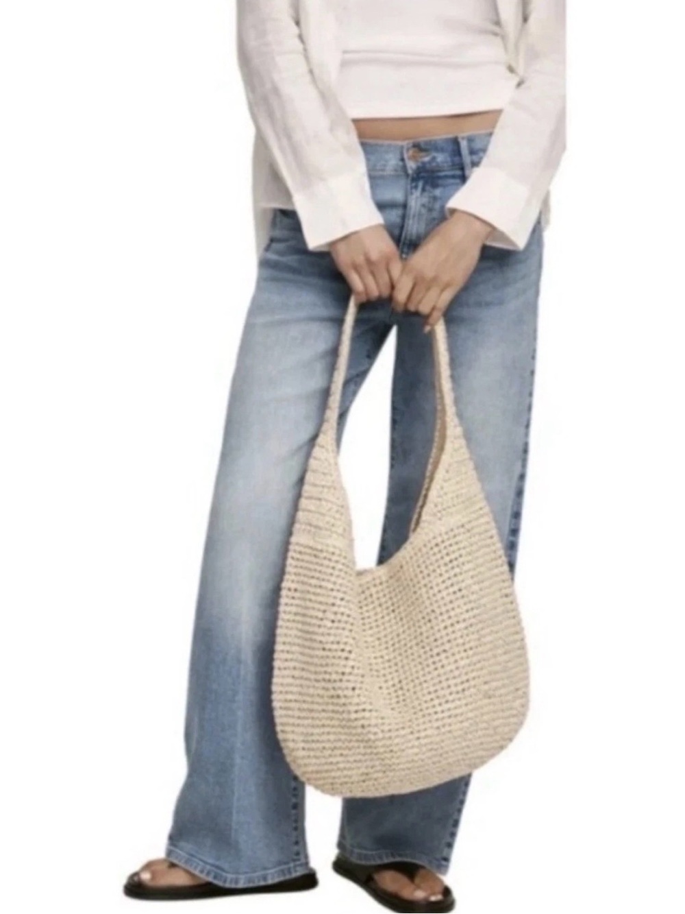 BANANA REPUBLIC RAFFIA TOTE BAG Boho Crochet Shoulder Bag — Cream Straw Tote - Picture 7 of 14